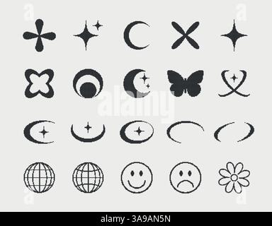 Set of y2k shapes in pixel style, retro futuristic pack, y2k geometric elements for logo card, web, poster. 90s pixel graphic forms Stock Vector