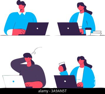 Illustration of four people working on laptops, each in a different pose. Two are sitting with coffee cups, one is stretching, and another is holding Stock Vector