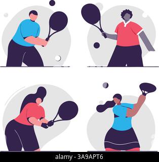 A colorful illustration featuring four diverse tennis players in action. Each player is depicted with a racket, showcasing different poses and styles. Stock Vector