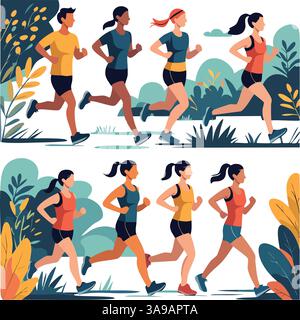 Illustration of two groups of diverse people jogging outdoors in a natural setting, surrounded by plants and trees. The scene conveys a sense of fitne Stock Vector