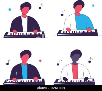 Illustrations of four musicians playing keyboards, each with different color schemes and musical notes around them. Stock Vector
