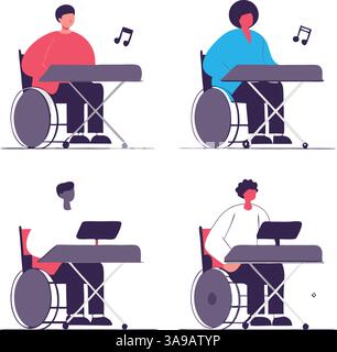 Illustration of four diverse individuals in wheelchairs playing keyboards, with musical notes around them, symbolizing inclusivity in music. Stock Vector