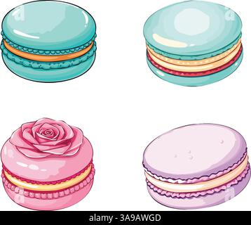 A colorful illustration of four macarons in various designs and colors. The first two are round and smooth, one in turquoise and the other in pink wit Stock Vector