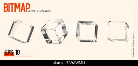 Set of Bitmap Dithering Cubes. Halftone 3D Shapes. Stock Vector
