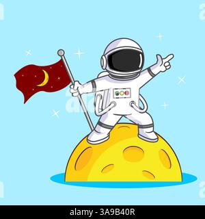 Cute Astronaut land on the Moon and Raising the flag Illustration Cartoon Design Vector Stock Vector