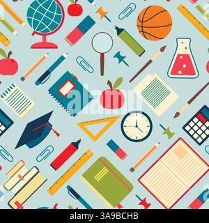 School tools and supplies on a blue background. Seamless pattern. Vector illustration Stock Vector