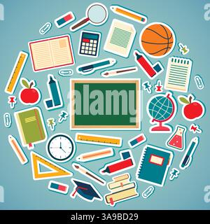 School tools and supplies on a blue background. Round vector eps10  illustration Stock Vector