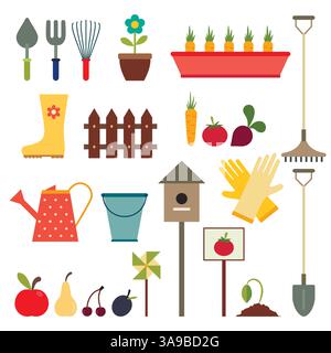 Garden and gardening tools icons. Isolated on a white background Stock Vector