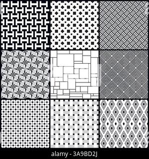 Set of nine black and white geometric seamless patterns. Vector Stock Vector