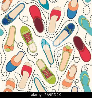 Seamless pattern with colored shoes and dashed lines. Find a pair. Vector eps 10 illustration Stock Vector