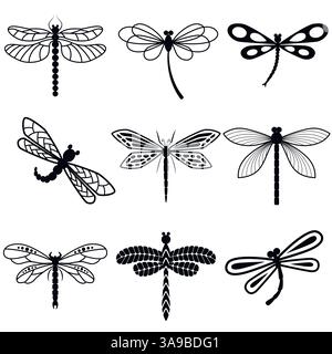 Dragonflies, black silhouettes on white background. Vector Stock Vector