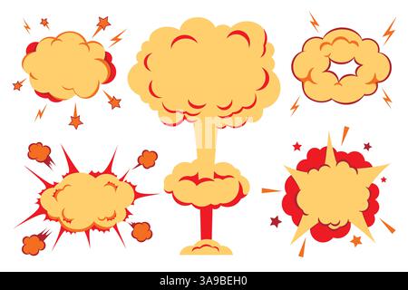 Illustration of a set of explosion, blast and other cartoon fire bomb, bang and exploding symbols Stock Vector