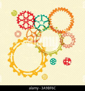 Colorful gears on bright grunge striped background. Vector illustration Stock Vector