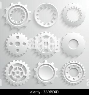 Gear wheels icon set. Nine 3d gears on a gray background. Vector illustration Stock Vector