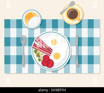 Breakfast. Table setting. Bacon and vegetables, egg, coffee and croissant Stock Vector