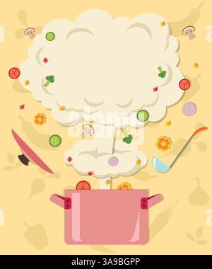 Cooking experiments. Colored vector illustration of blast and vegetables flying out of saucepan Stock Vector