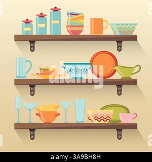 Kitchen shelves with colorful tableware. Vector illustration Stock Vector