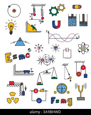 Hand drawn multicolored physics icon. Vector illustration Stock Vector