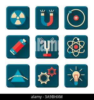 Science and physics icons in flat design style. Vector illustration Stock Vector
