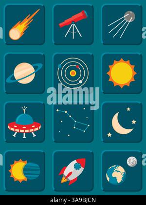 Vector collection of colorful flat astronomy and space icons Stock Vector