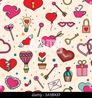 Seamless pattern for valentines day with hand drawn hearts and romantic symbols Stock Vector