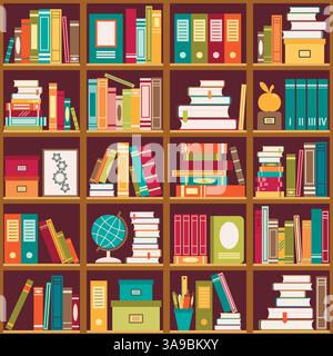Seamless pattern with books on bookshelves. Vector illustration Stock Vector