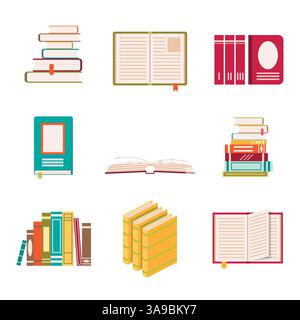 Set of nine book icons in flat design style. Literature and library, education and science, knowledge and study Stock Vector