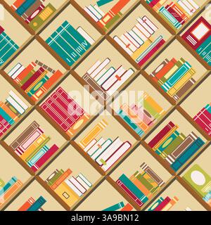 Seamless pattern with books on rhombus bookshelves. Vector illustration Stock Vector