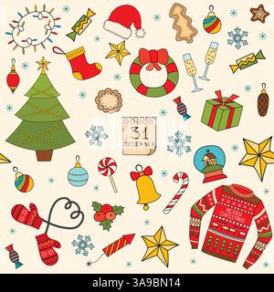 Winter and Christmas seamless pattern. Hand drawn vector elements Stock Vector