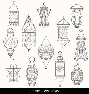Set of old lamps. Lantern vector dark silhouettes. Ramadan Kareem Arabic Lanterns Stock Vector