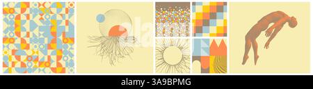 Man hovering in the air. Levitation act. Hole made from flying particles. Mosaic. Sphere. Background with color circles. Point explode. 3d vector comp Stock Vector