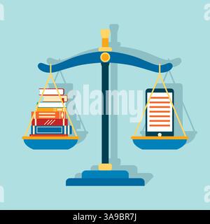Smartphone e-book and stack of paper books at the scales. Vector illustration Stock Vector