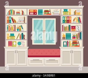 The window seat and wall of books for the home office. Stylish and modern interior. Vector illustration Stock Vector