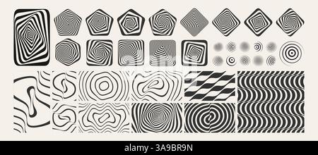 3D geometric striped rounded shape. Sphere. Black and white optical art. Wavy pattern. Abstract background with ripple effect. Wifi sound signal conne Stock Vector