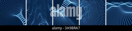 Abstract background with dynamic particles. Tunnel. 3D glowing grid surface. Water waves. Trendy design in technology style. Vector illustration for b Stock Vector