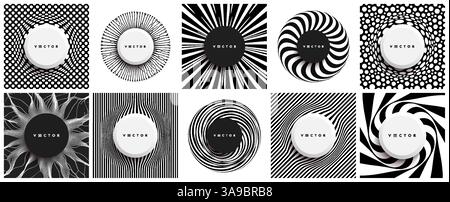 Collection for design. Background with convex hemisphere. Volumetric composition with optical illusion. Striped pattern with copy space. Rotation and Stock Vector