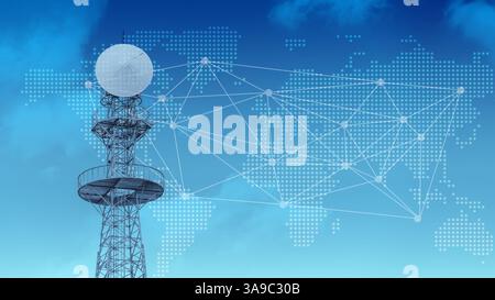 World wide communication concept, Radio Signal Tower with global map network, Digital data transmission internet connection. Interlink tunnel infograp Stock Photo