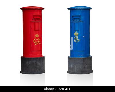 London British traditional style post box with royal symbol isolated on white background red and blue color with clipping path Stock Photo