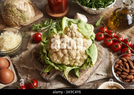 Ingredients for homemade gluten-free pizza - cauliflower, celery root, almond meal, eggs, fresh arugula leaves and tomatoes Stock Photo