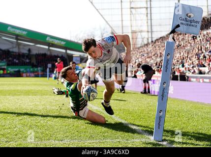 Saracens' Angus Hall scores his sides third try during the Gallagher ...