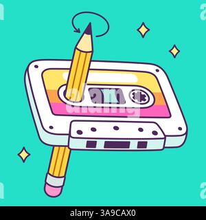 Cartoon retro cassette tape drawing in bright 80s style. Rewinding cassette with a pencil. clip art illustration. Stock Vector