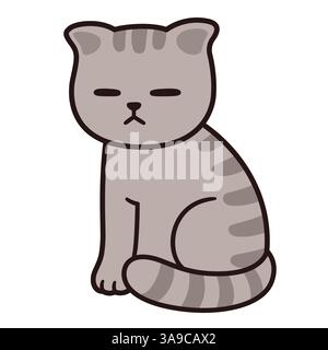 Cute cartoon sleepy or sad cat drawing. Funny gray tabby kitten, simple hand drawn vector illustration. Stock Vector
