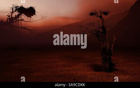 Surreal Dead Trees in Dystopian Desert Landscape at Sunset - 3D Illustration Stock Photo