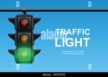 Vector Traffic Light with Green Signal on Blue Sky Background. Realistic Road Stoplight for Transportation, Safety, Driving, Crosswalk, Urban Street Stock Vector