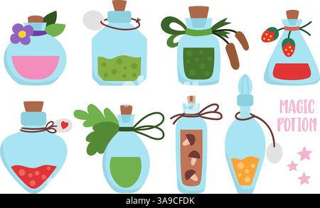 Vector magic potion icons set. Cute glass jars collection with elixir or brew. Woodland princess, fairy or witch clipart pack. Fantasy forest illustra Stock Vector