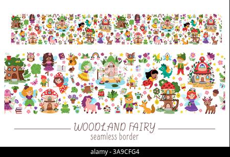 Vector woodland fairy horizontal seamless border brush with elf, dwarf, houses, unicorn, dragon, fairytale creature. Magic garden princess repeat back Stock Vector