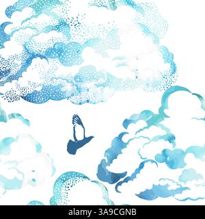 Clouds seamless background with flying birds . hand drawn. Not AI, Vector illustration Stock Vector