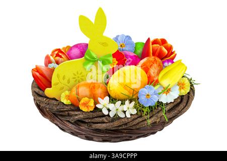 Colorful Easter decorations with bunny and eggs isolated on white backround Stock Photo
