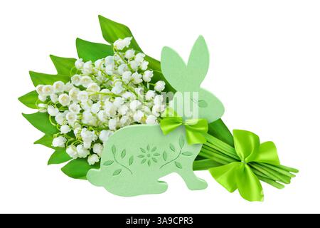 Lily of the Valley and green Easter Bunny isolated on white background Stock Photo