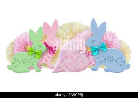 3 Easter Bunnies and heart with flowers isolated on white background Stock Photo